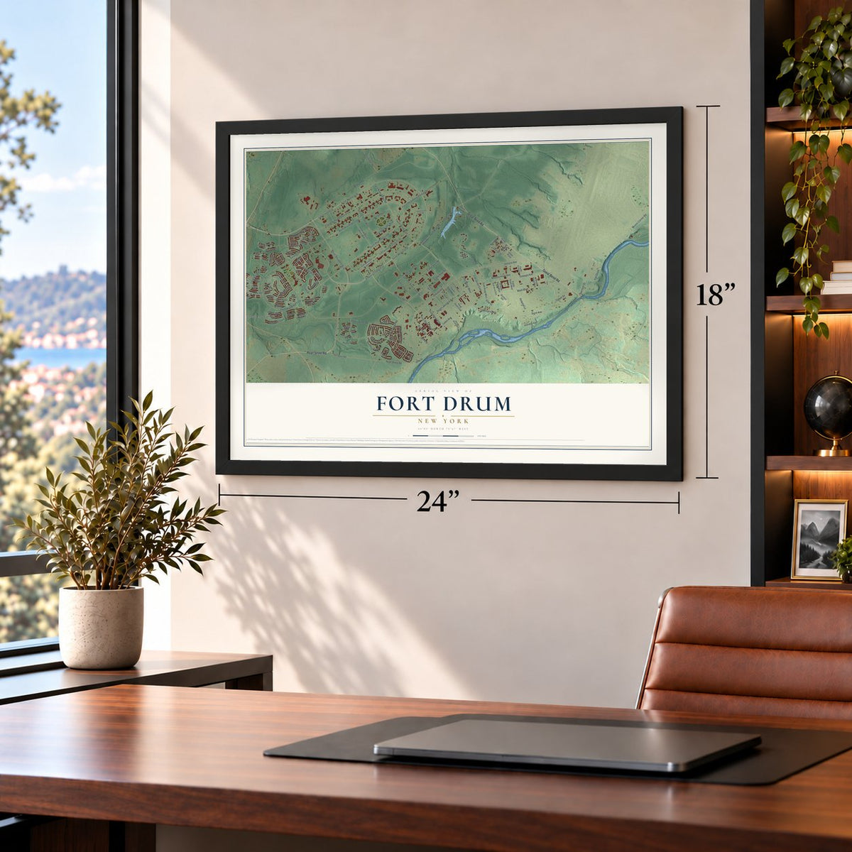 Fort Drum, New York map, 18 x 24 inch print in a black frame in a home office