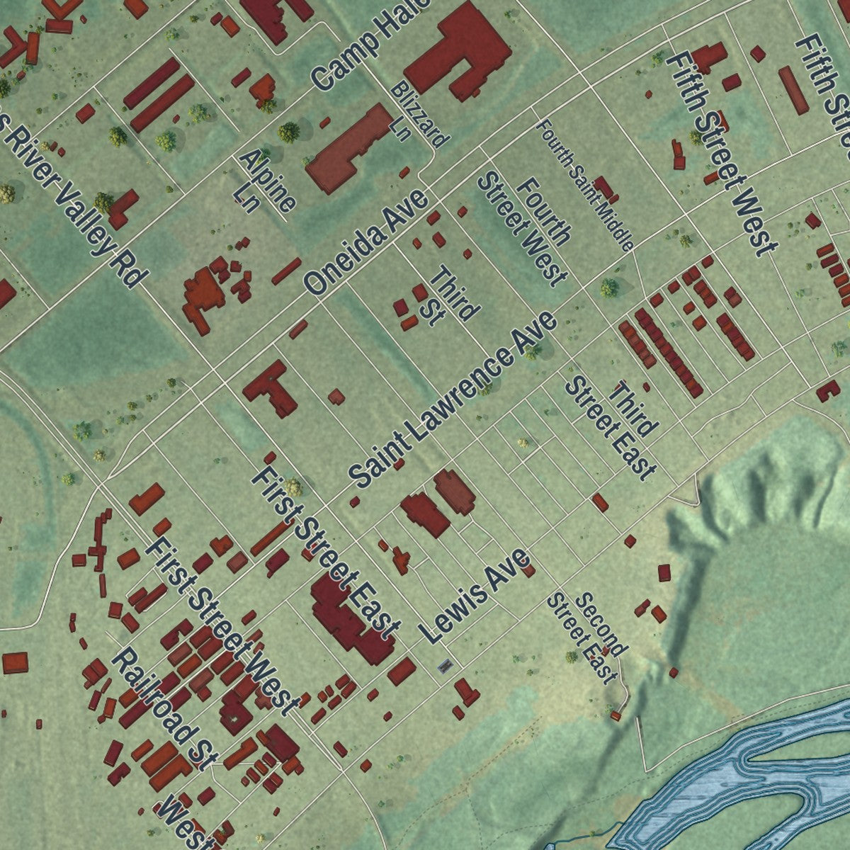 Close-up of the map of Fort Drum, New York print showing street and building detail