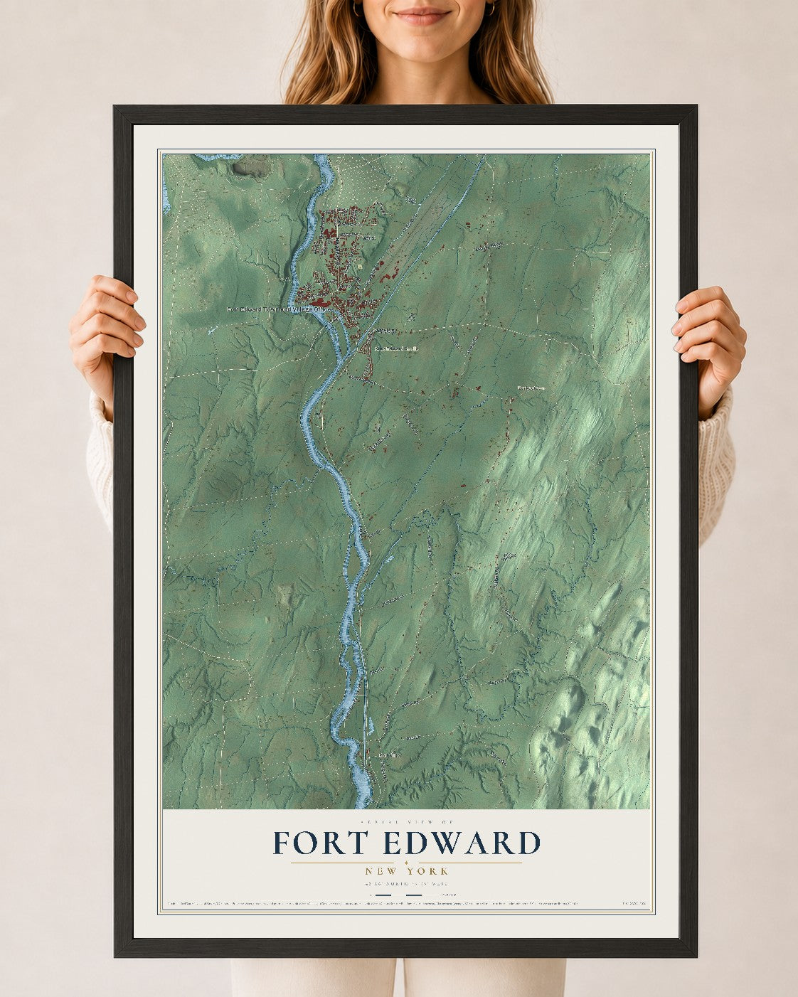 Fort Edward, New York map print, 24" x 36" W/ Black Ayous Wood Frame mockup