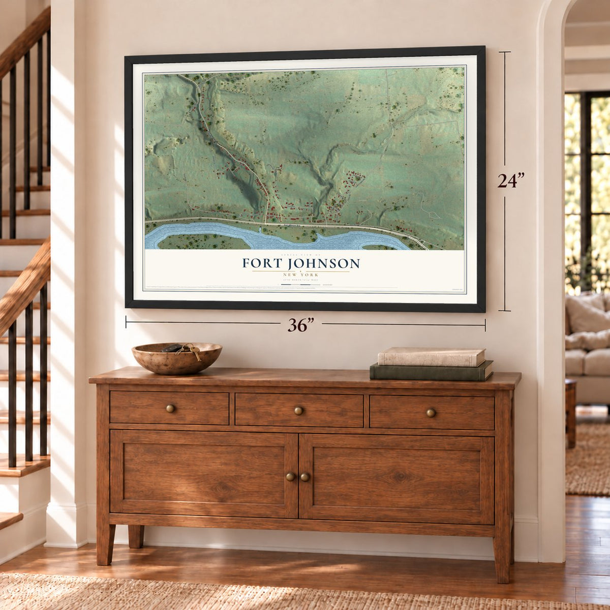 Fort Johnson, New York map, 24 x 36 inch print in a black frame above a dresser by a staircase