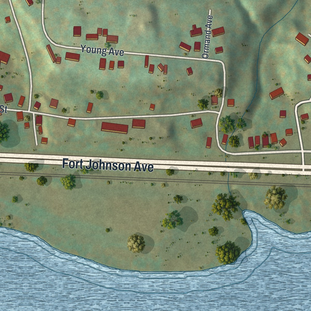 Close-up of the map of Fort Johnson, New York print showing street and building detail