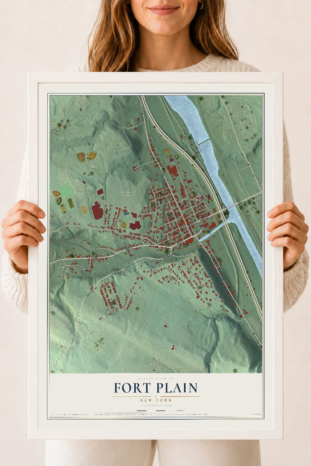 Fort Plain, New York map print, 18" x 24" W/ White Ayous Wood Frame mockup