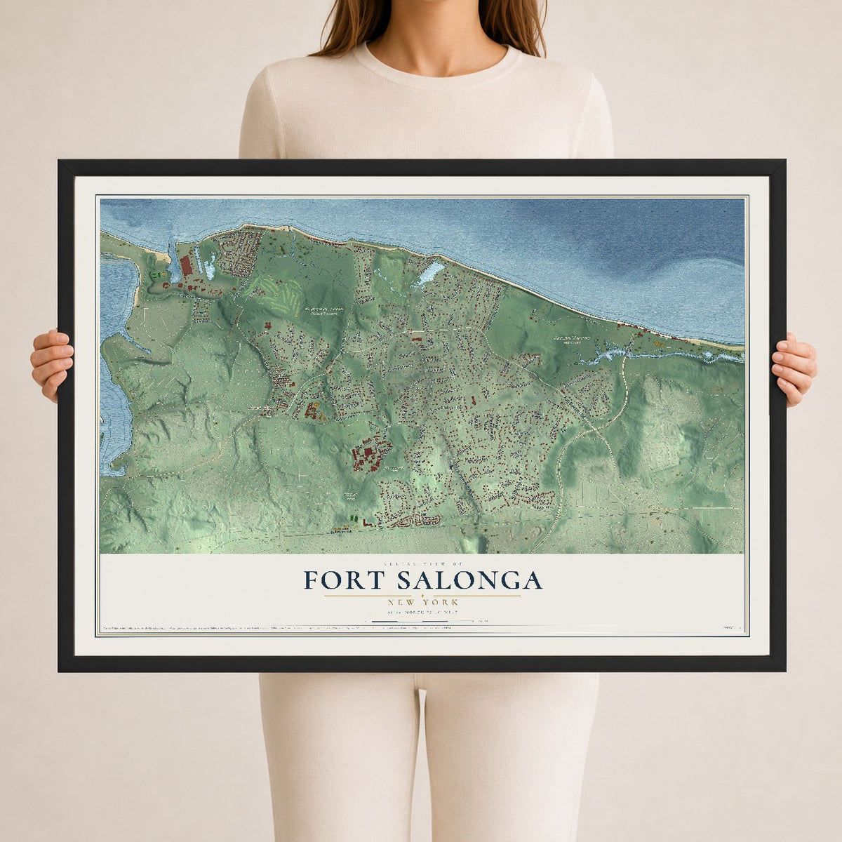 Fort Salonga, New York map print, 24" x 36" W/ Black Ayous Wood Frame mockup