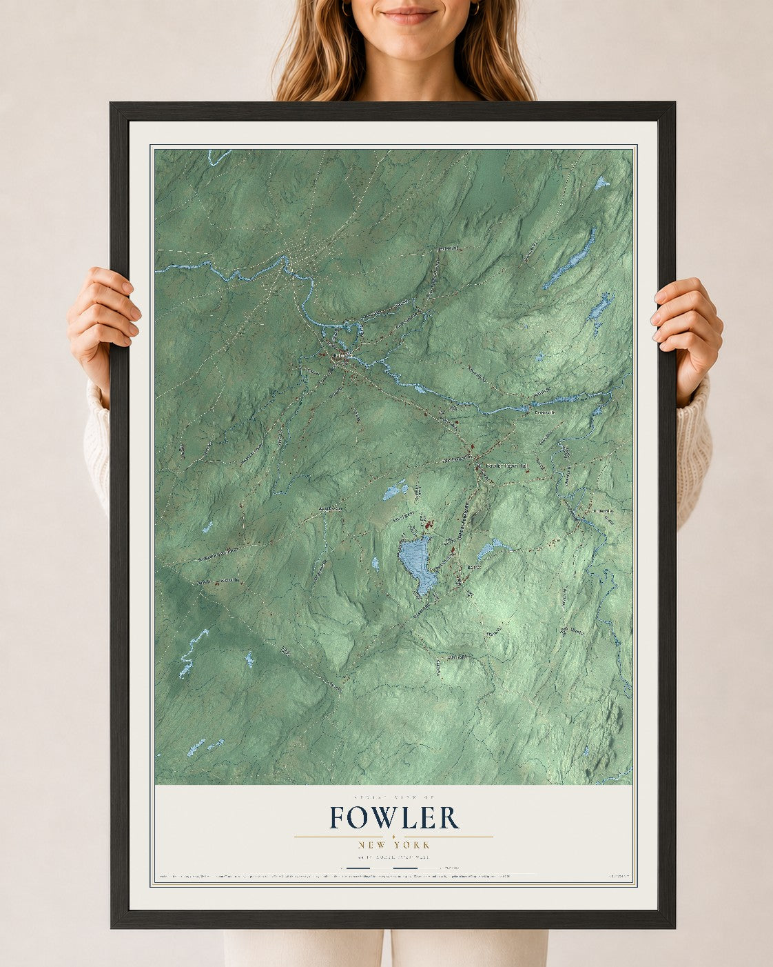 Fowler, New York map print, 24" x 36" W/ Black Ayous Wood Frame mockup