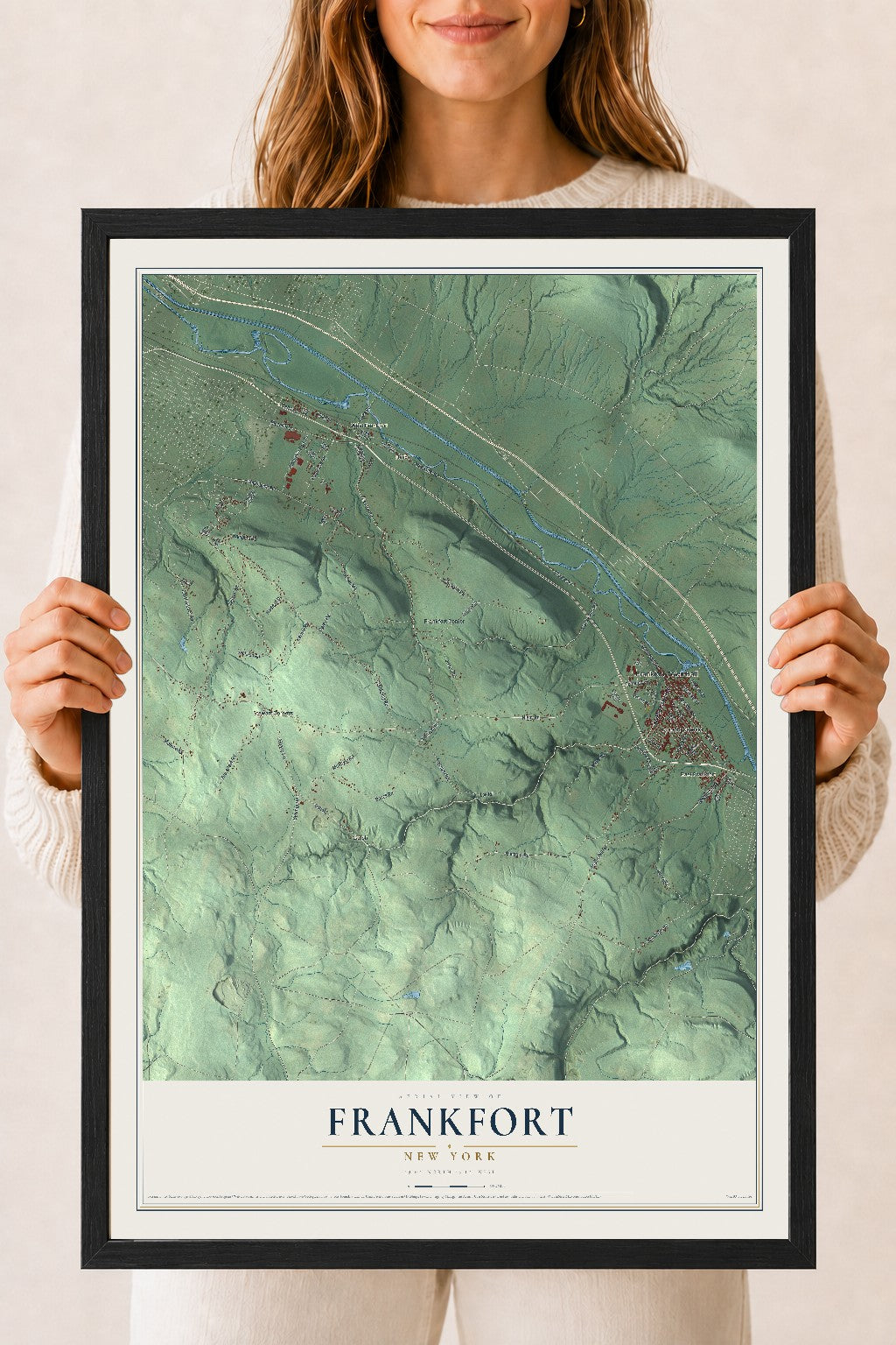 Frankfort, New York map print, 18" x 24" W/ Black Ayous Wood Frame mockup