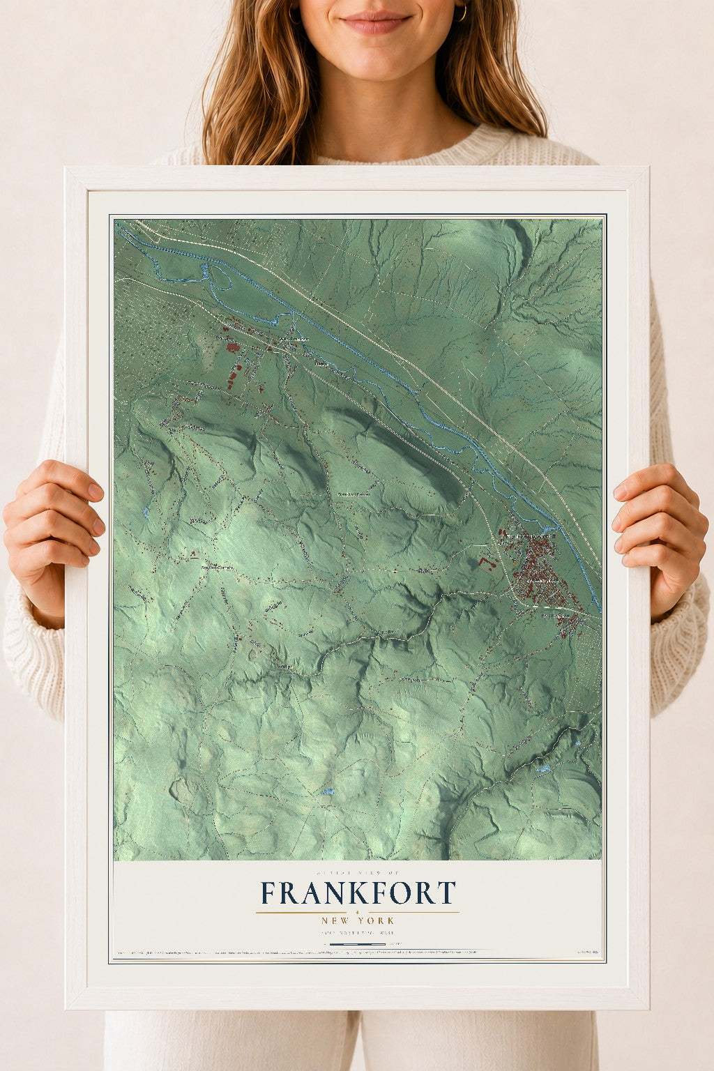 Frankfort, New York map print, 18" x 24" W/ White Ayous Wood Frame mockup