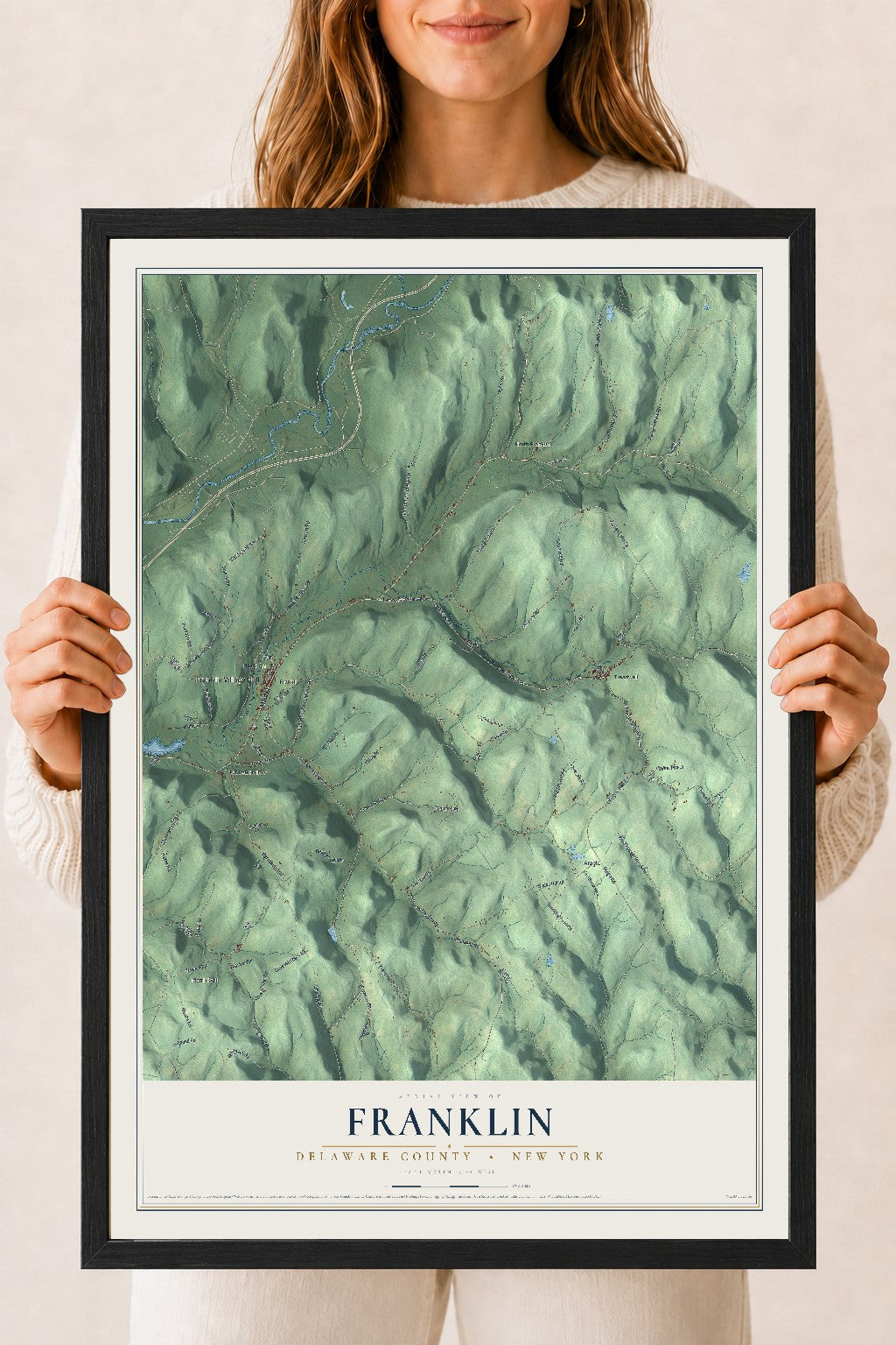 Map of Franklin, Delaware County, New York, 18 x 24 inch print in a black wood frame