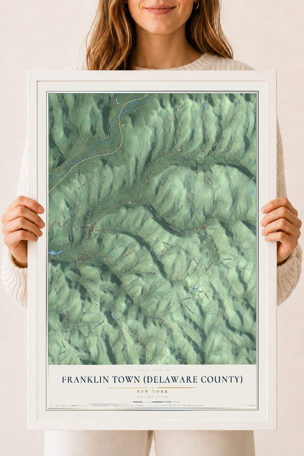 Franklin Town (Delaware County), New York map print, 18" x 24" W/ White Ayous Wood Frame mockup