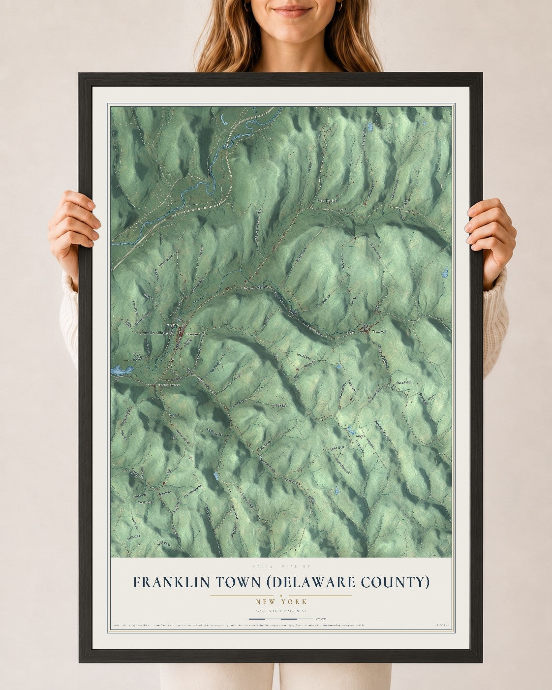 Franklin Town (Delaware County), New York map print, 24" x 36" W/ Black Ayous Wood Frame mockup