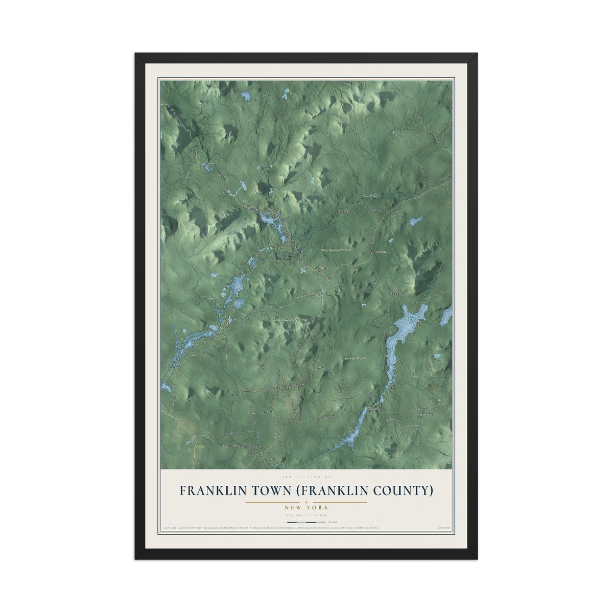Franklin Town (Franklin County), New York map print, 12" x 18" W/ Black Ayous Wood Frame mockup