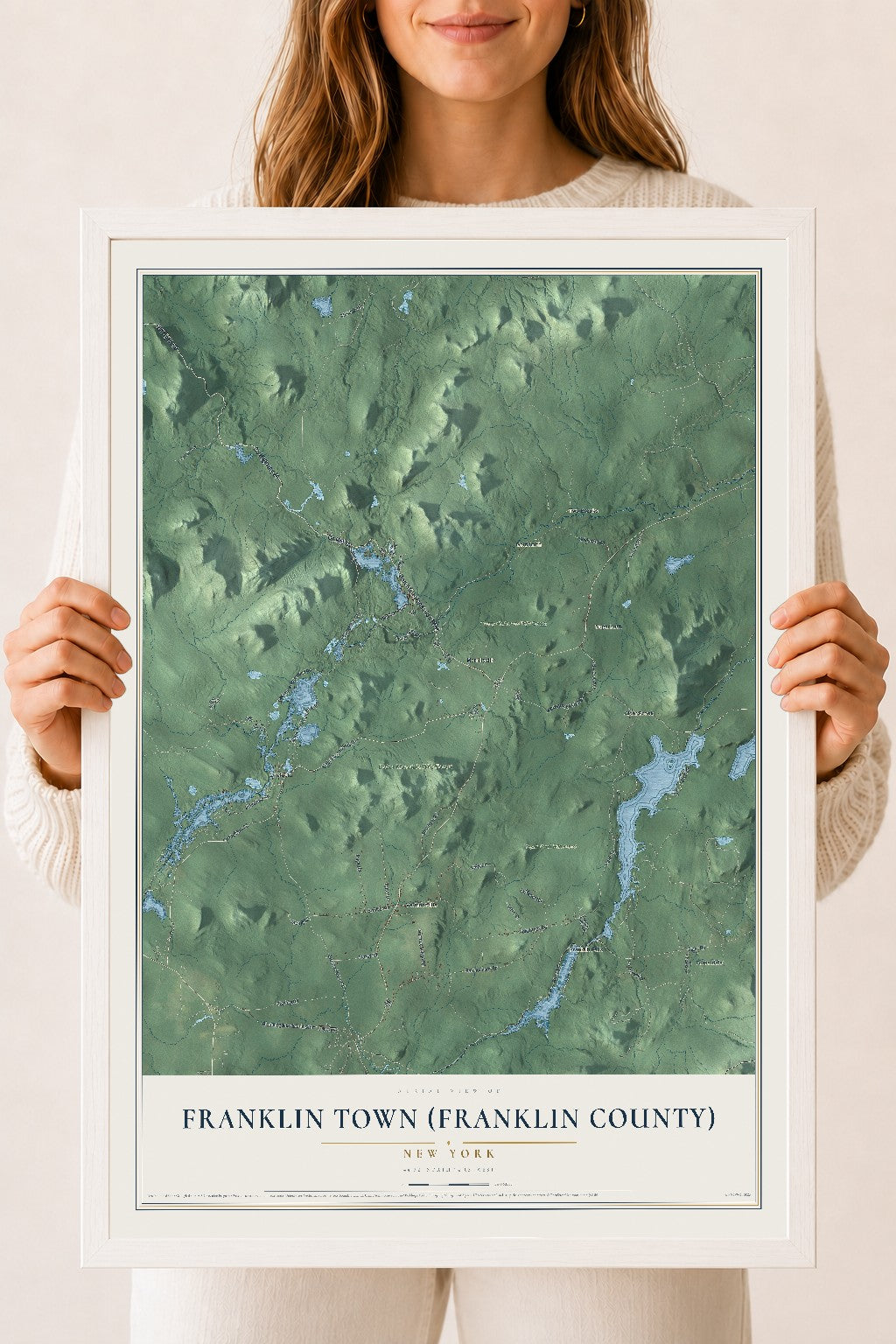 Franklin Town (Franklin County), New York map print, 18" x 24" W/ White Ayous Wood Frame mockup