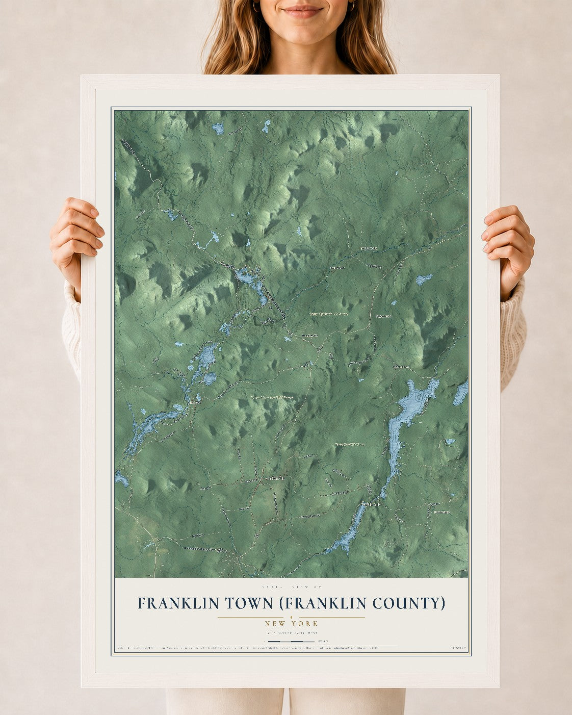 Franklin Town (Franklin County), New York map print, 24" x 36" W/ White Ayous Wood Frame mockup