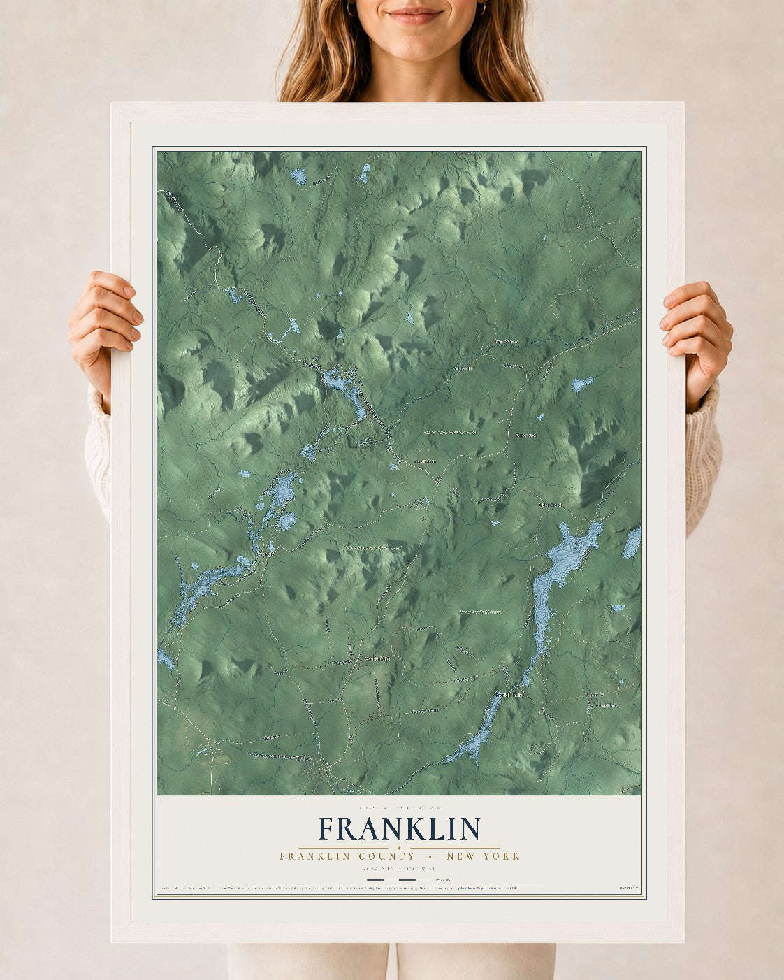 Map of Franklin, Franklin County, New York, 24 x 36 inch print in a white wood frame