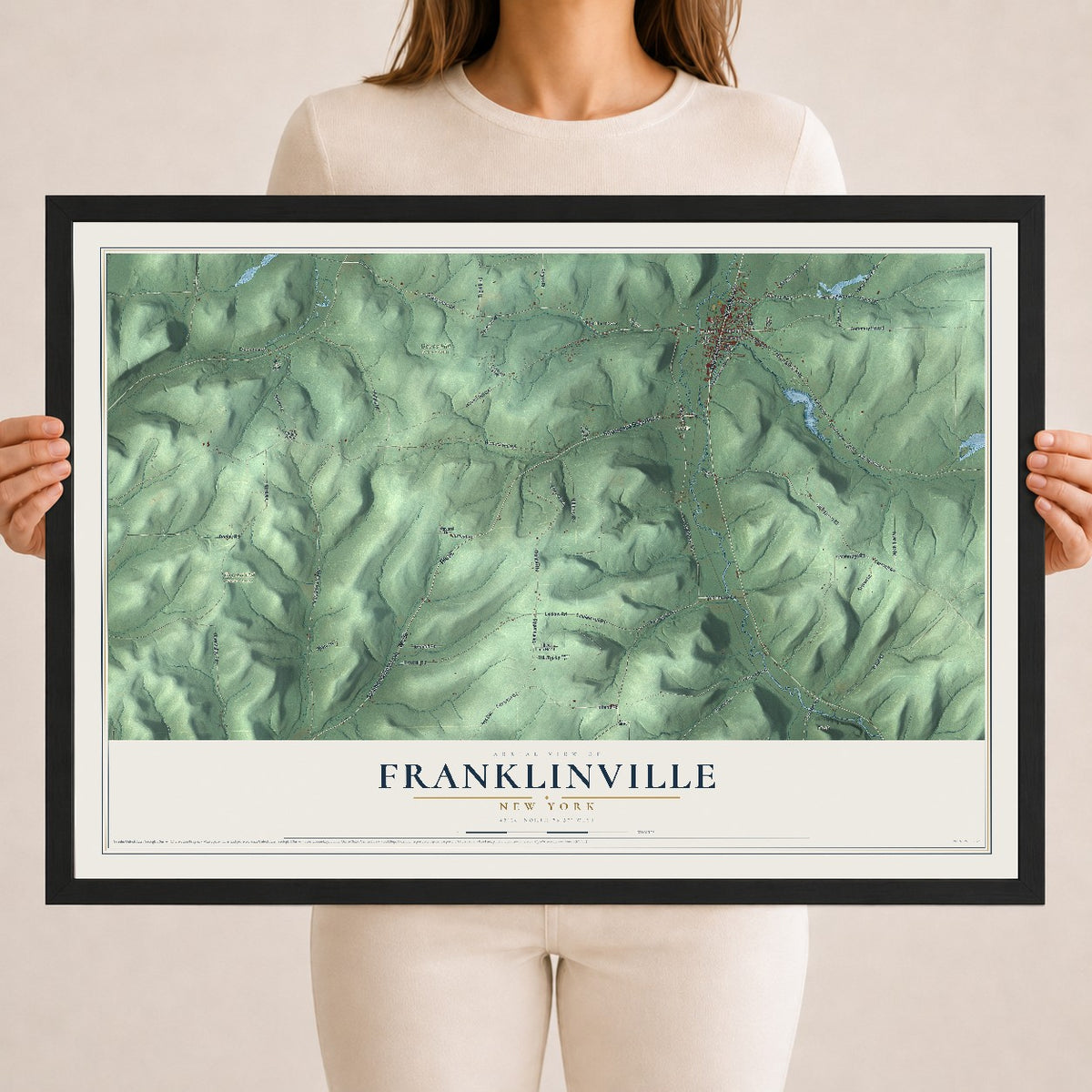 Franklinville, New York map print, 18" x 24" W/ Black Ayous Wood Frame mockup