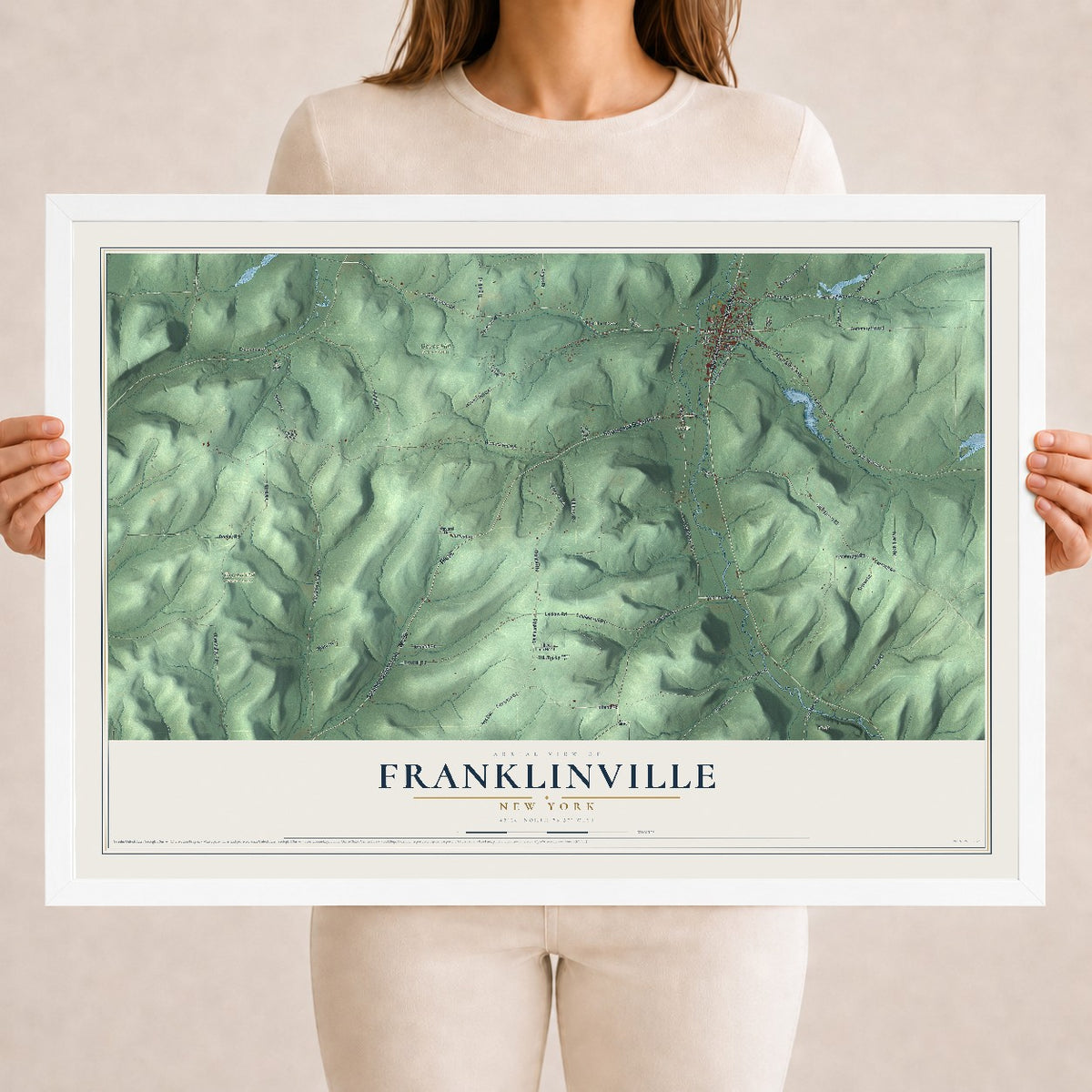 Franklinville, New York map print, 18" x 24" W/ White Ayous Wood Frame mockup