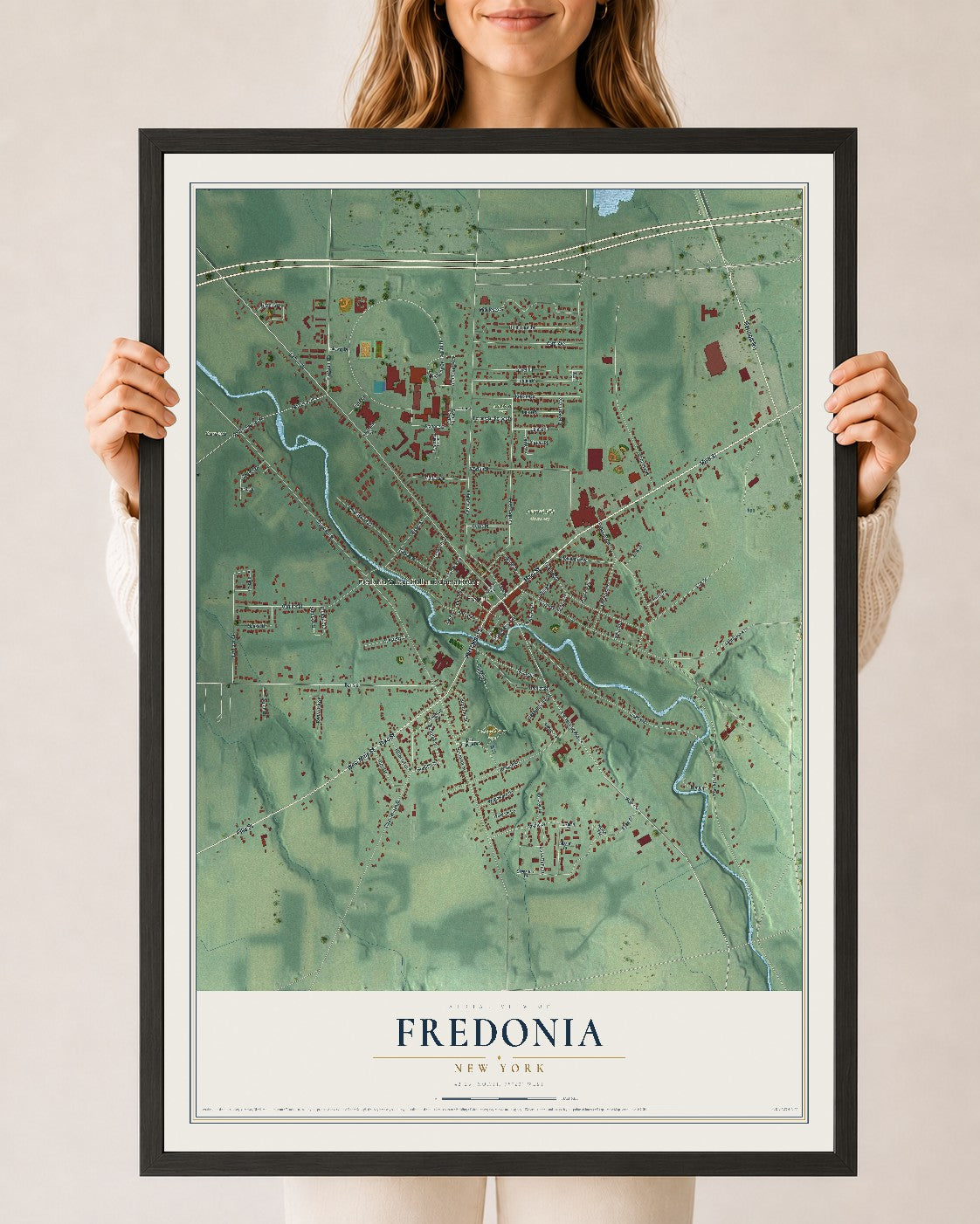 Fredonia, New York map print, 24" x 36" W/ Black Ayous Wood Frame mockup