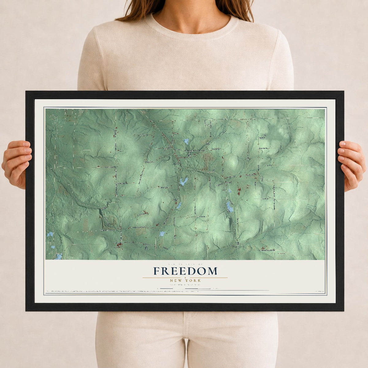 Freedom, New York map print, 12" x 18" W/ Black Ayous Wood Frame mockup