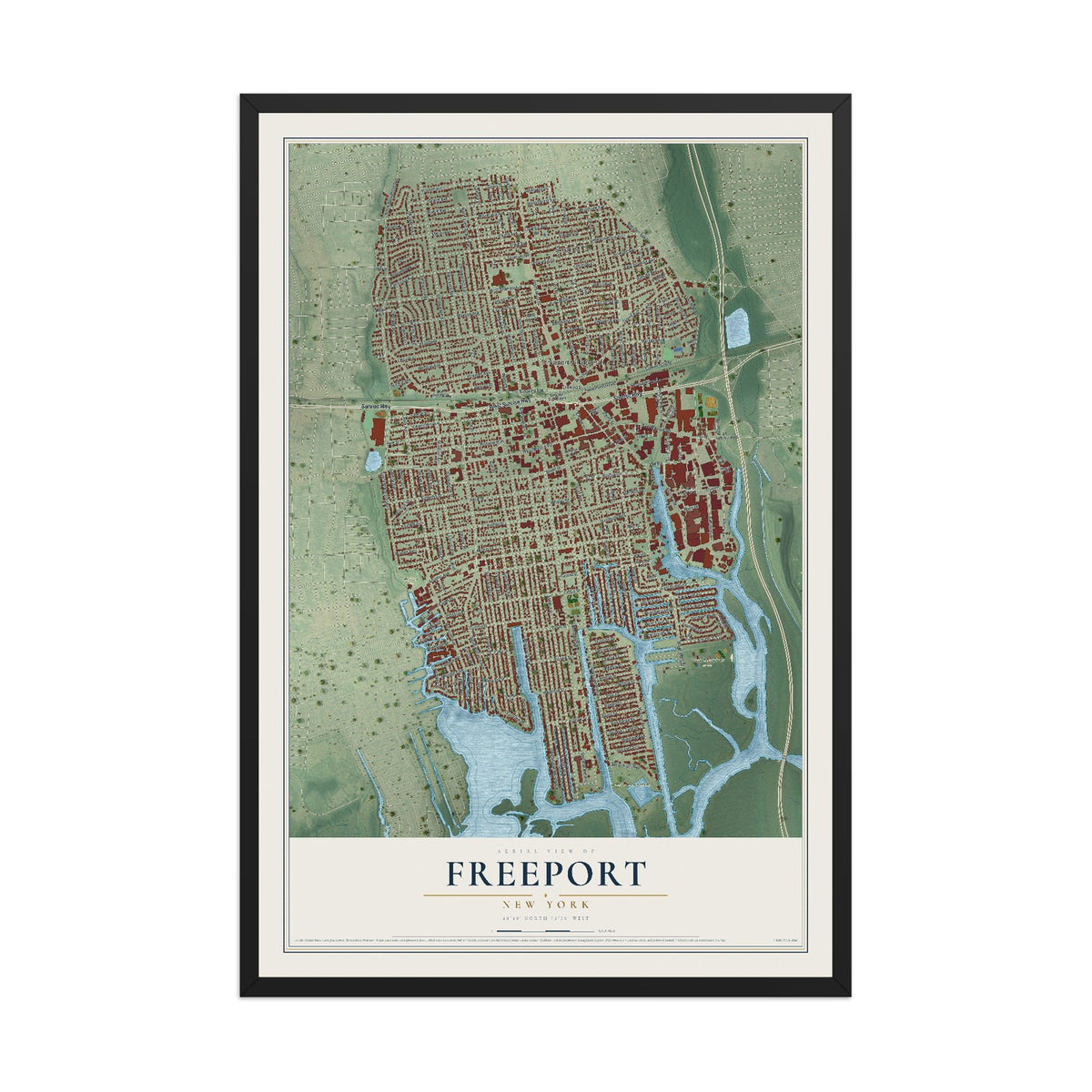 Freeport, New York map print, 12" x 18" W/ Black Ayous Wood Frame mockup