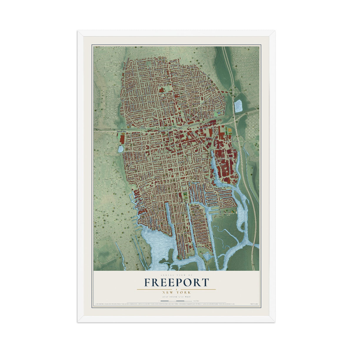 Freeport, New York map print, 12" x 18" W/ White Ayous Wood Frame mockup