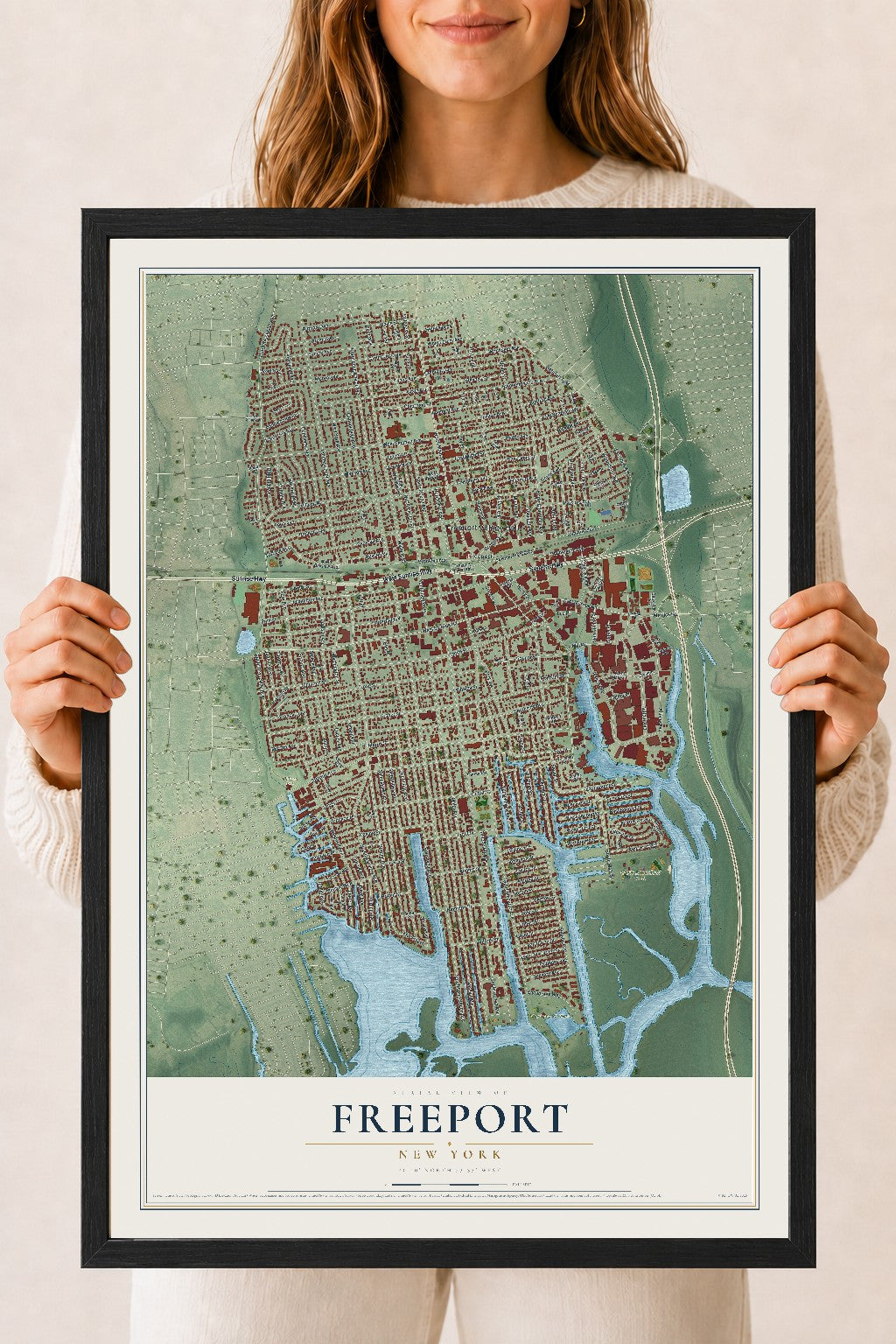 Freeport, New York map print, 18" x 24" W/ Black Ayous Wood Frame mockup