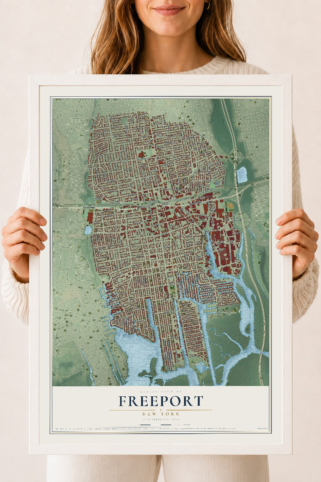 Freeport, New York map print, 18" x 24" W/ White Ayous Wood Frame mockup