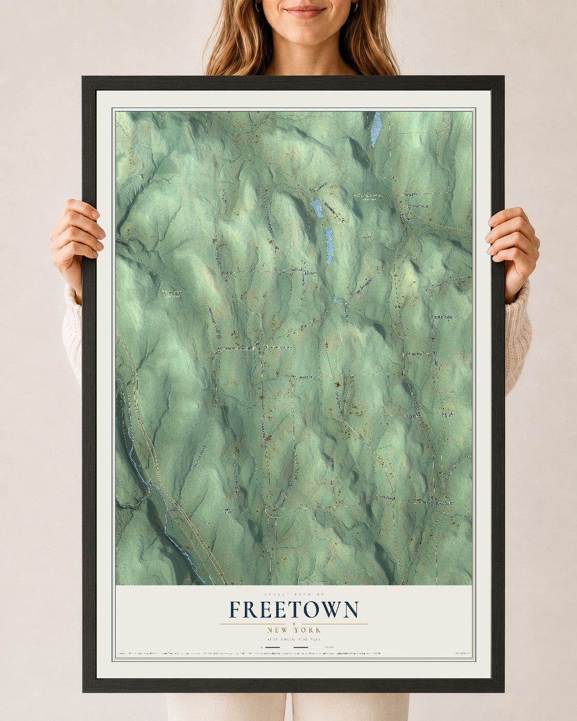 Freetown, New York map print, 24" x 36" W/ Black Ayous Wood Frame mockup