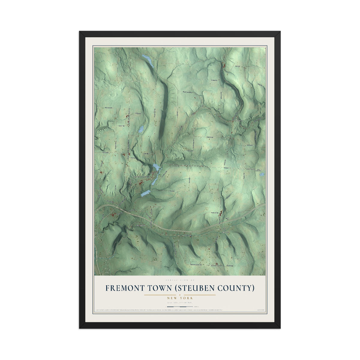 Fremont Town (Steuben County), New York map print, 12" x 18" W/ Black Ayous Wood Frame mockup