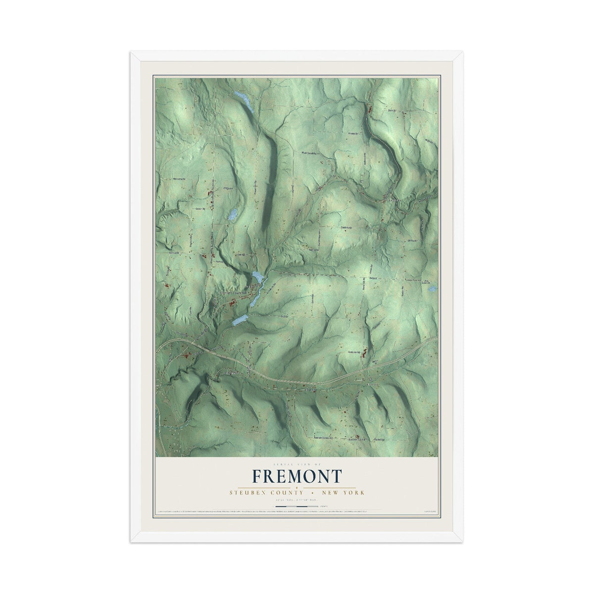 Map of Fremont, Steuben County, New York, 12 x 18 inch print in a white wood frame