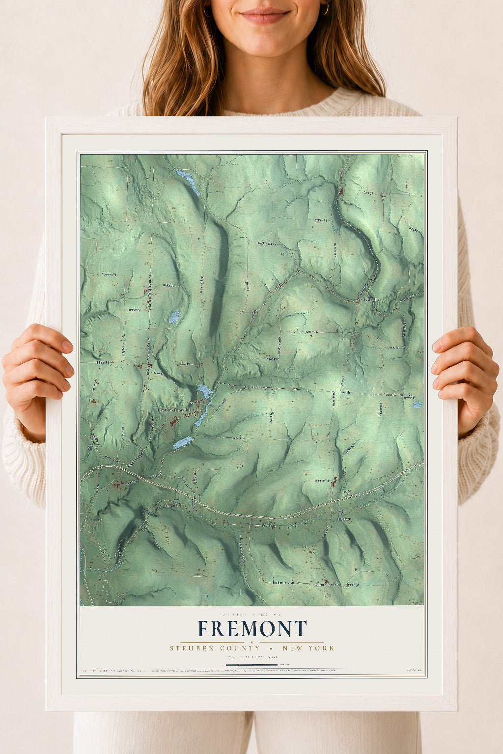 Map of Fremont, Steuben County, New York, 18 x 24 inch print in a white wood frame