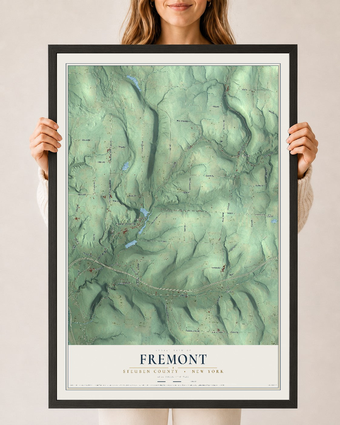 Map of Fremont, Steuben County, New York, 24 x 36 inch print in a black wood frame
