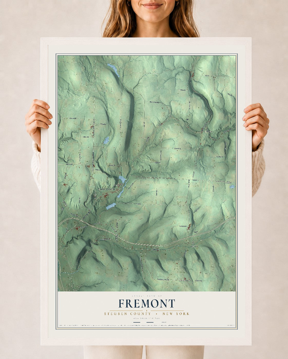 Map of Fremont, Steuben County, New York, 24 x 36 inch print in a white wood frame