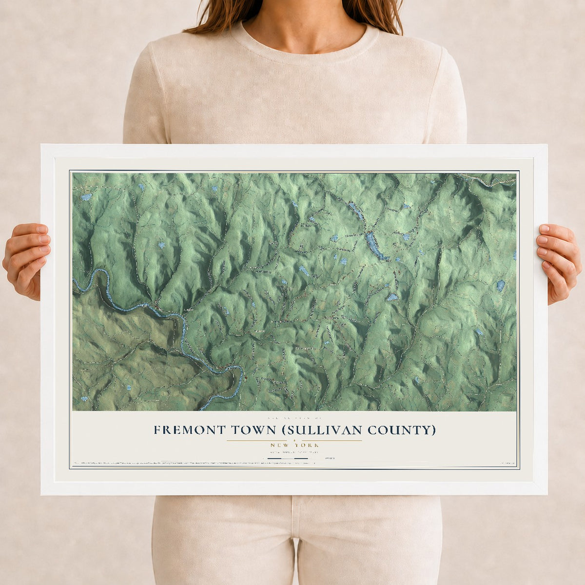 Fremont Town (Sullivan County), New York map print, 12" x 18" W/ White Ayous Wood Frame mockup