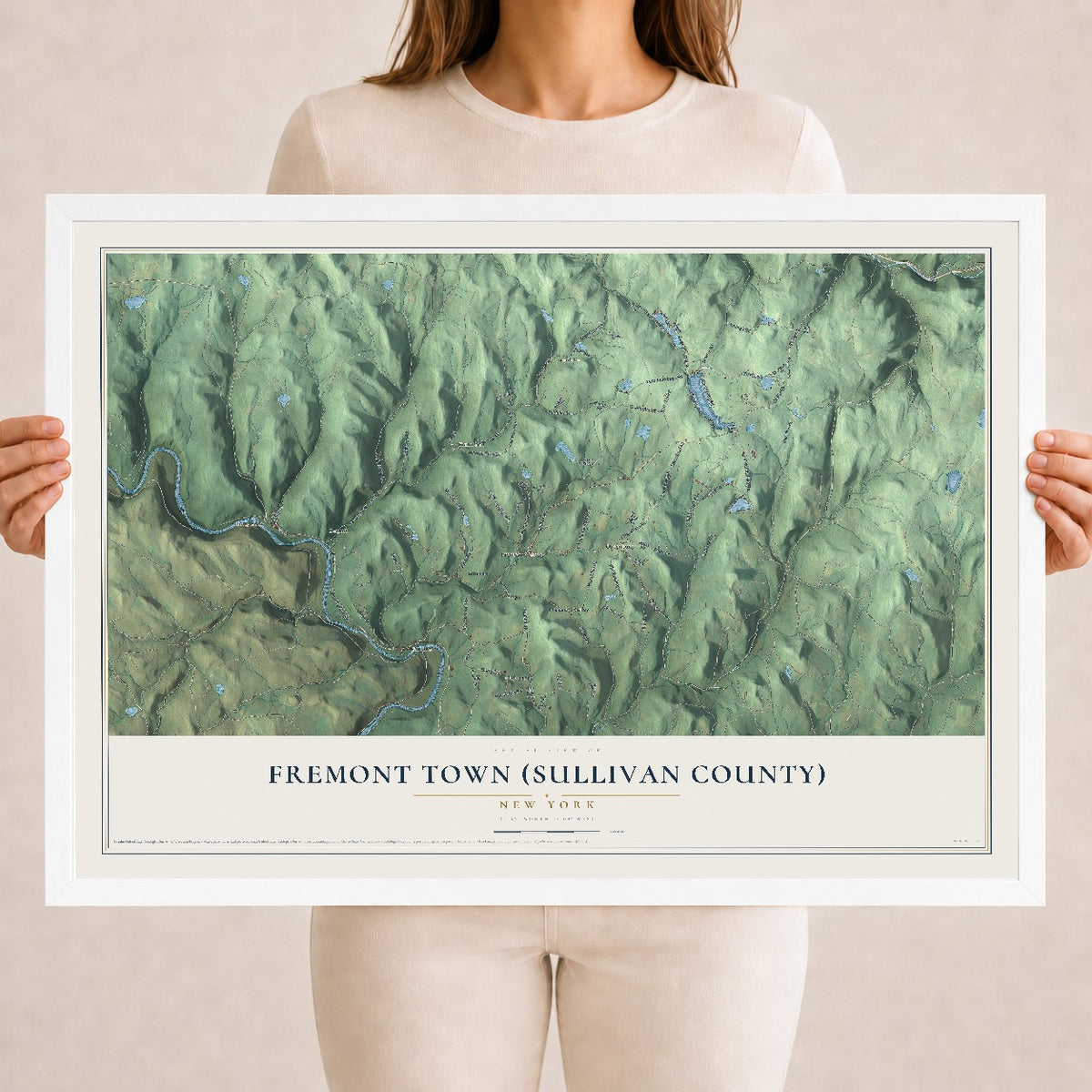 Fremont Town (Sullivan County), New York map print, 18" x 24" W/ White Ayous Wood Frame mockup