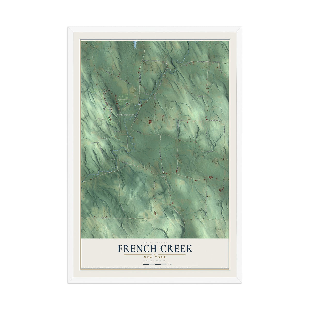 French Creek, New York map print, 12" x 18" W/ White Ayous Wood Frame mockup