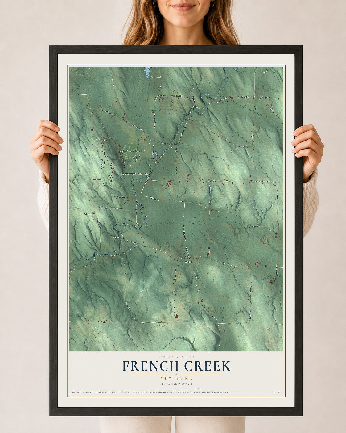 French Creek, New York map print, 24" x 36" W/ Black Ayous Wood Frame mockup