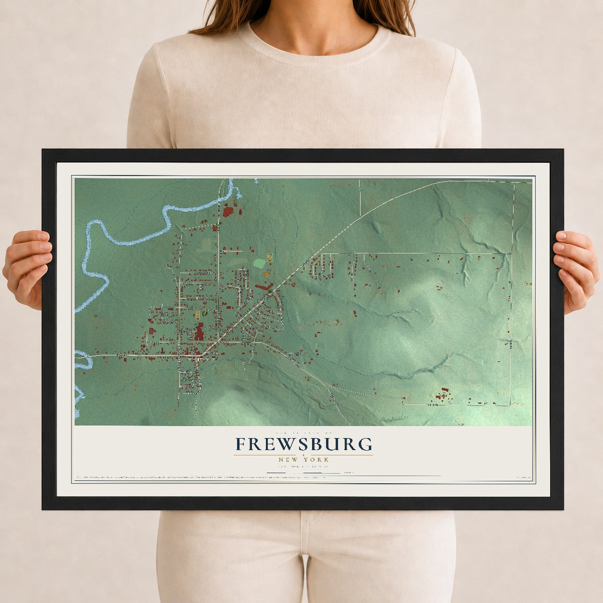 Frewsburg, New York map print, 12" x 18" W/ Black Ayous Wood Frame mockup