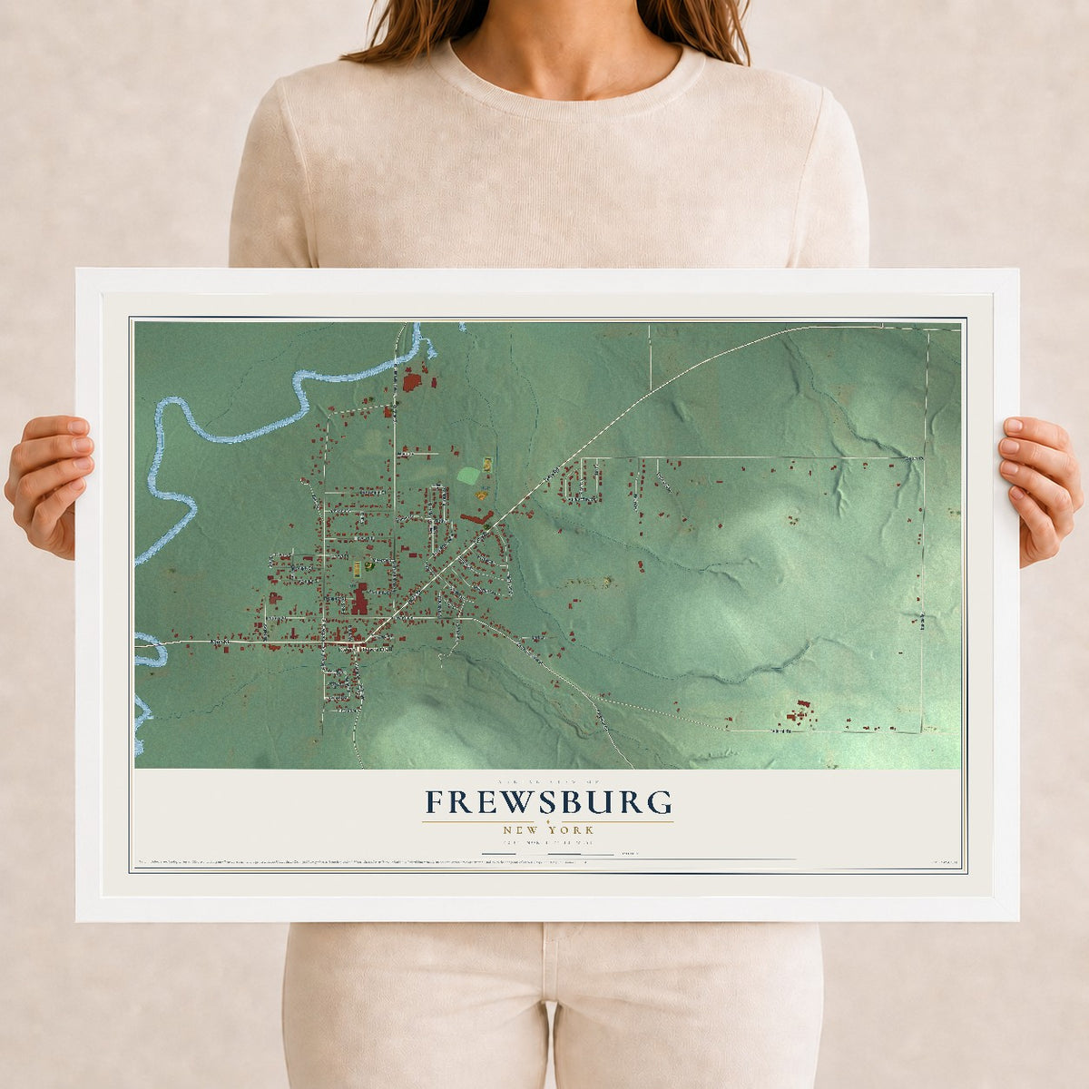Frewsburg, New York map print, 12" x 18" W/ White Ayous Wood Frame mockup