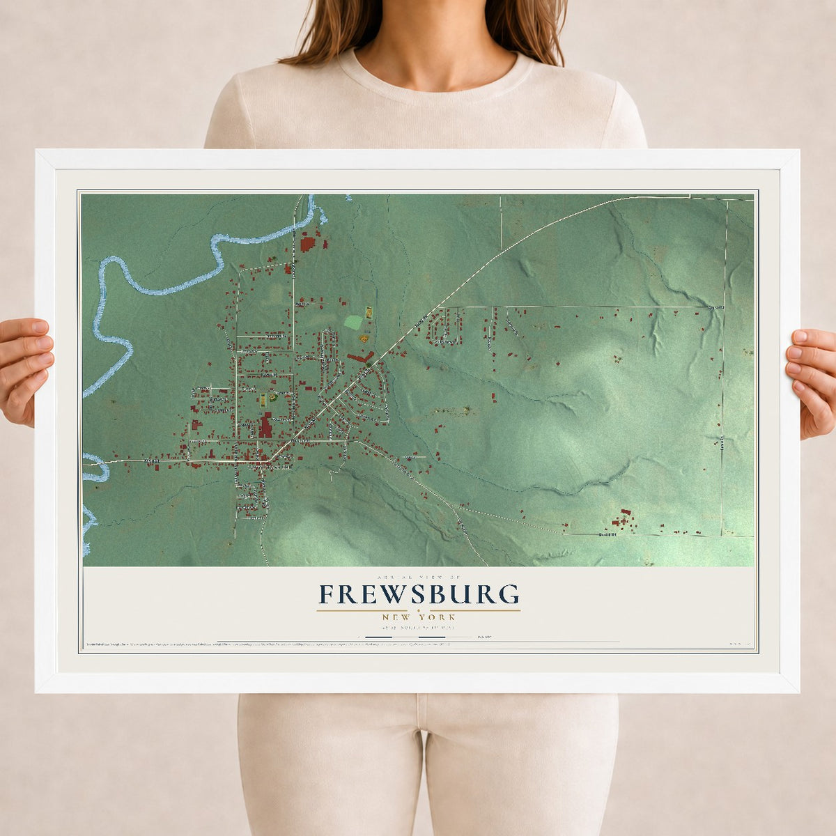 Frewsburg, New York map print, 18" x 24" W/ White Ayous Wood Frame mockup