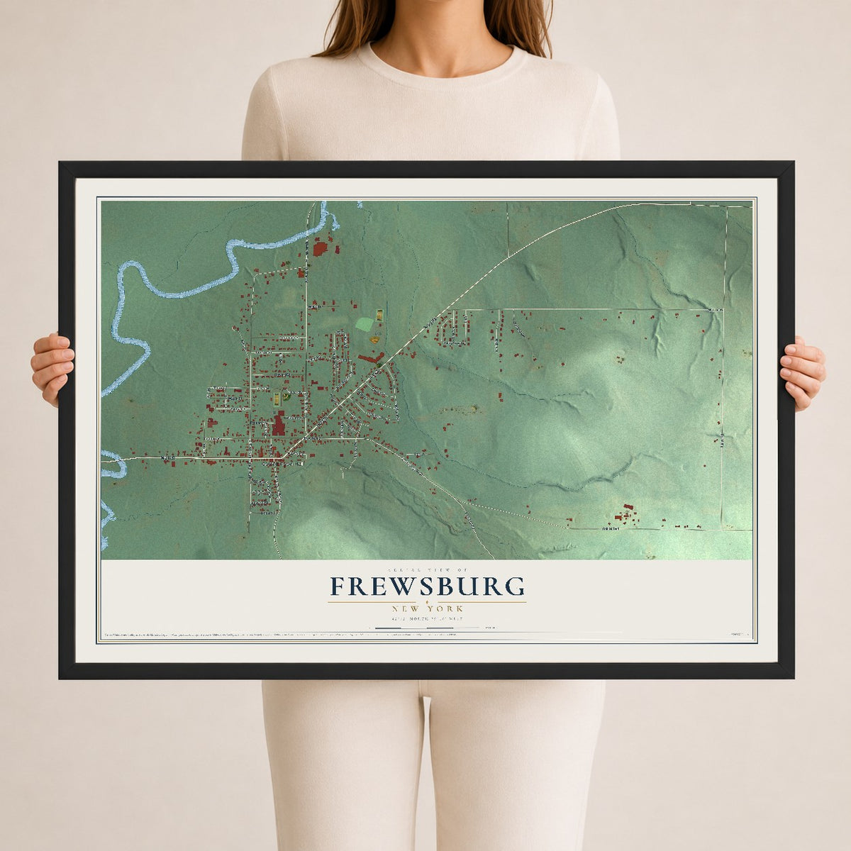 Frewsburg, New York map print, 24" x 36" W/ Black Ayous Wood Frame mockup