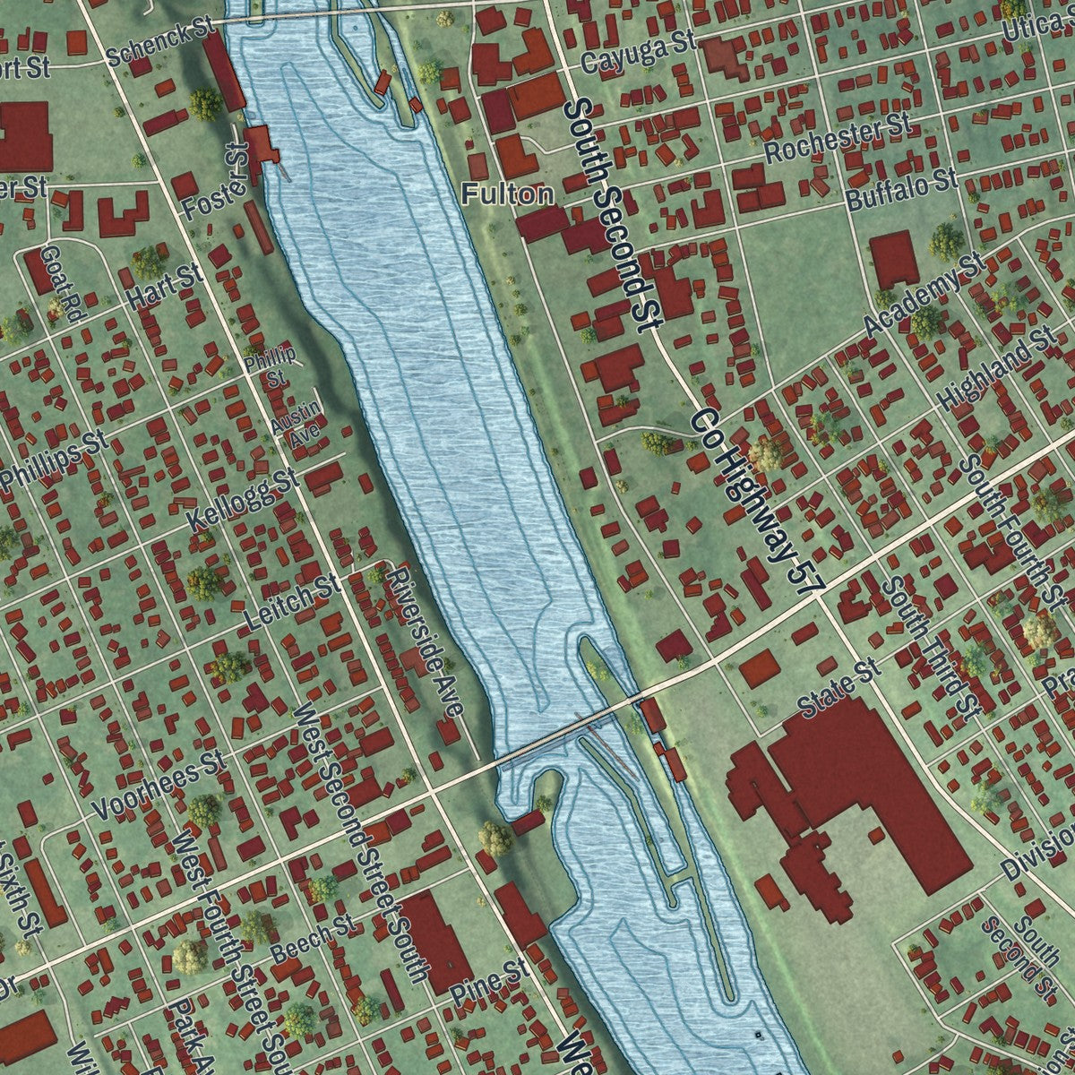 Close-up of the map of Fulton, Oswego County, New York print showing street and building detail