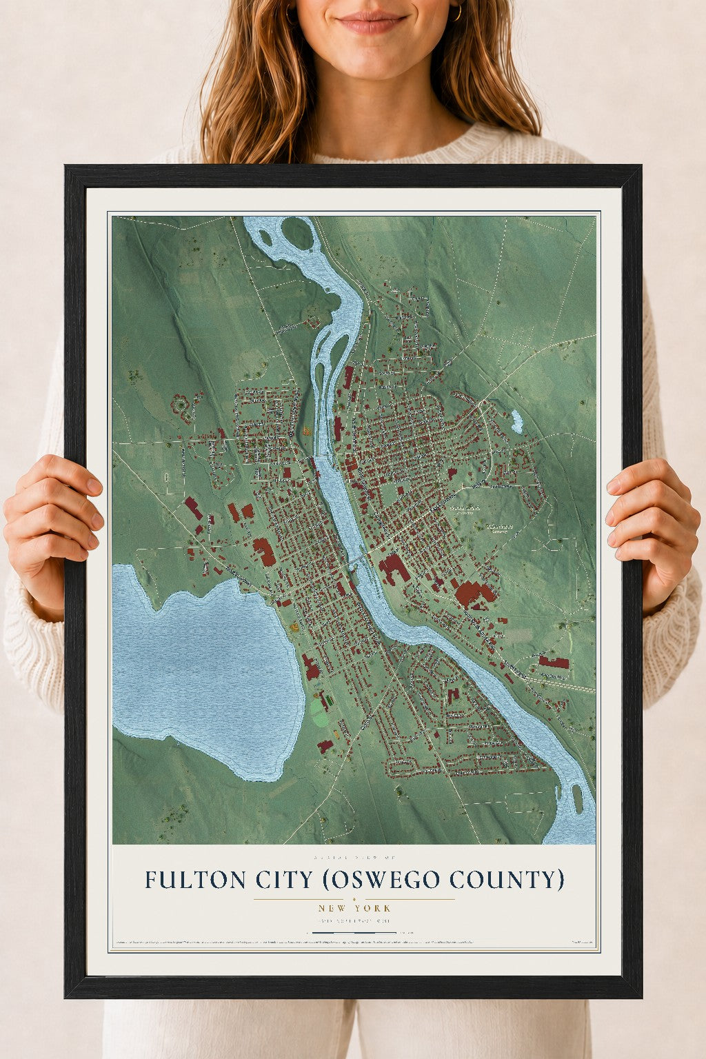 Fulton City (Oswego County), New York map print, 18" x 24" W/ Black Ayous Wood Frame mockup