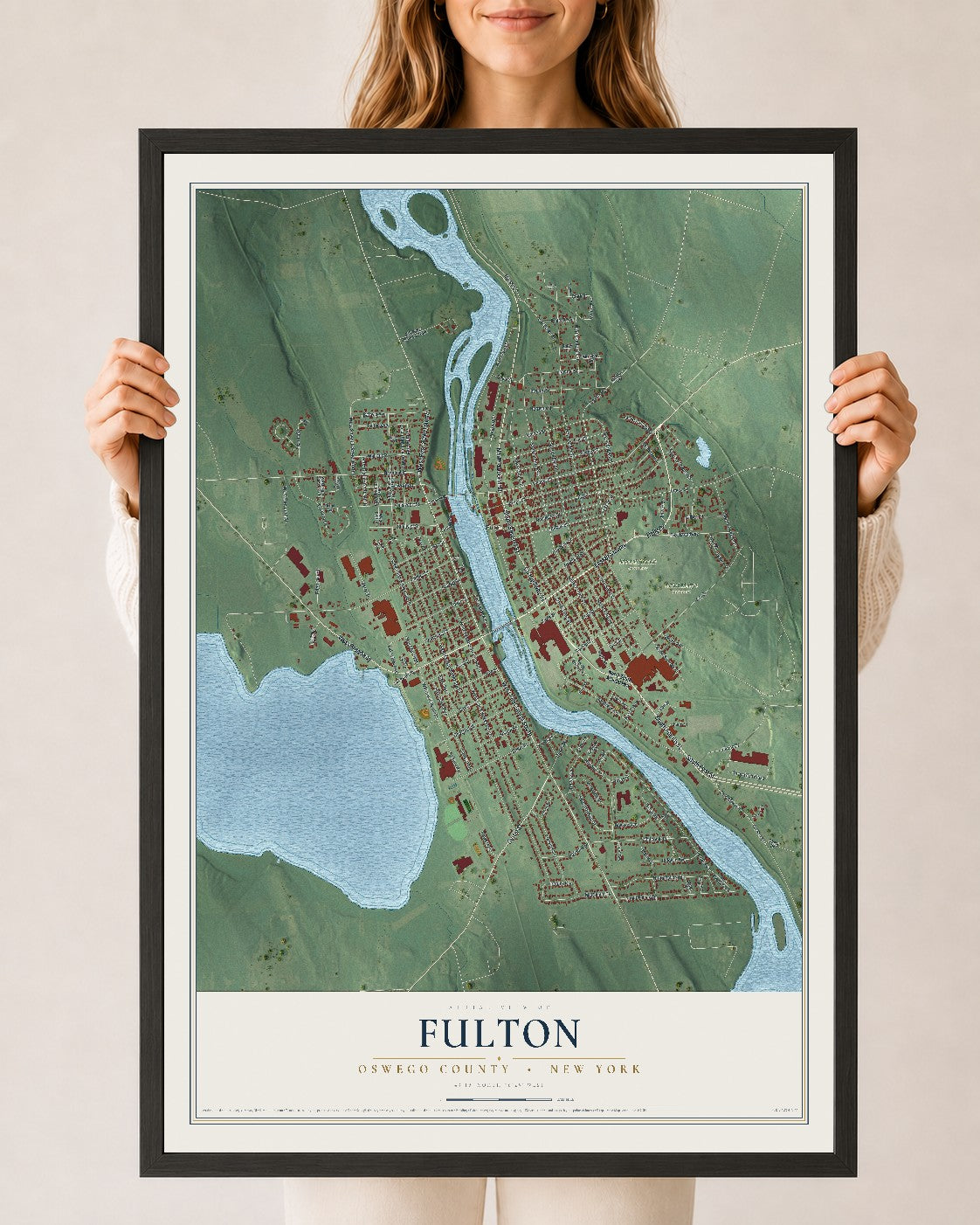 Map of Fulton, Oswego County, New York, 24 x 36 inch print in a black wood frame