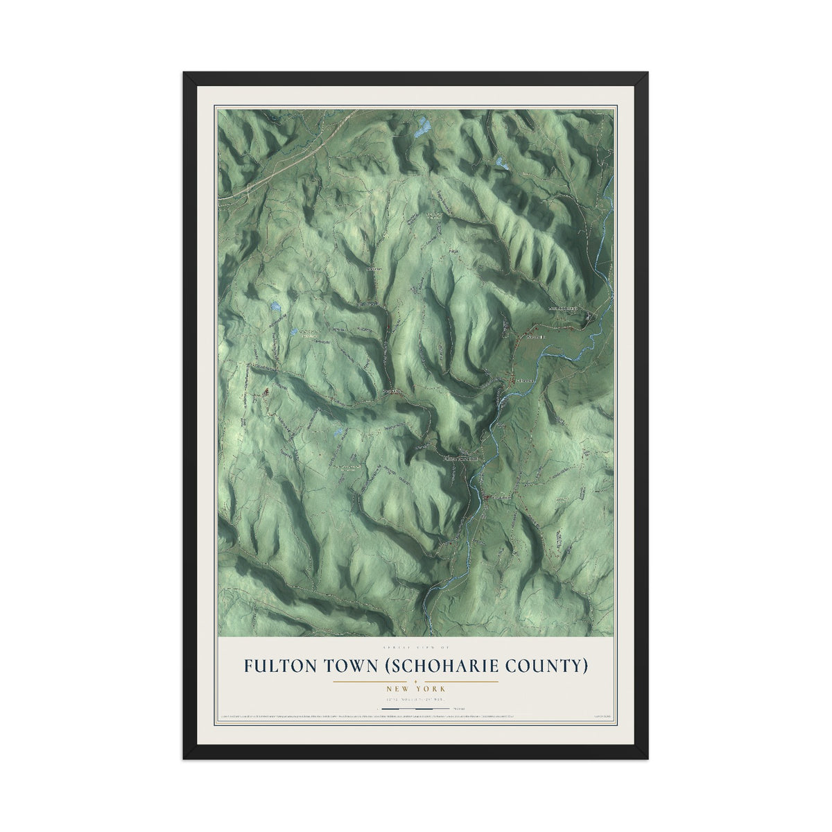 Fulton Town (Schoharie County), New York map print, 12" x 18" W/ Black Ayous Wood Frame mockup