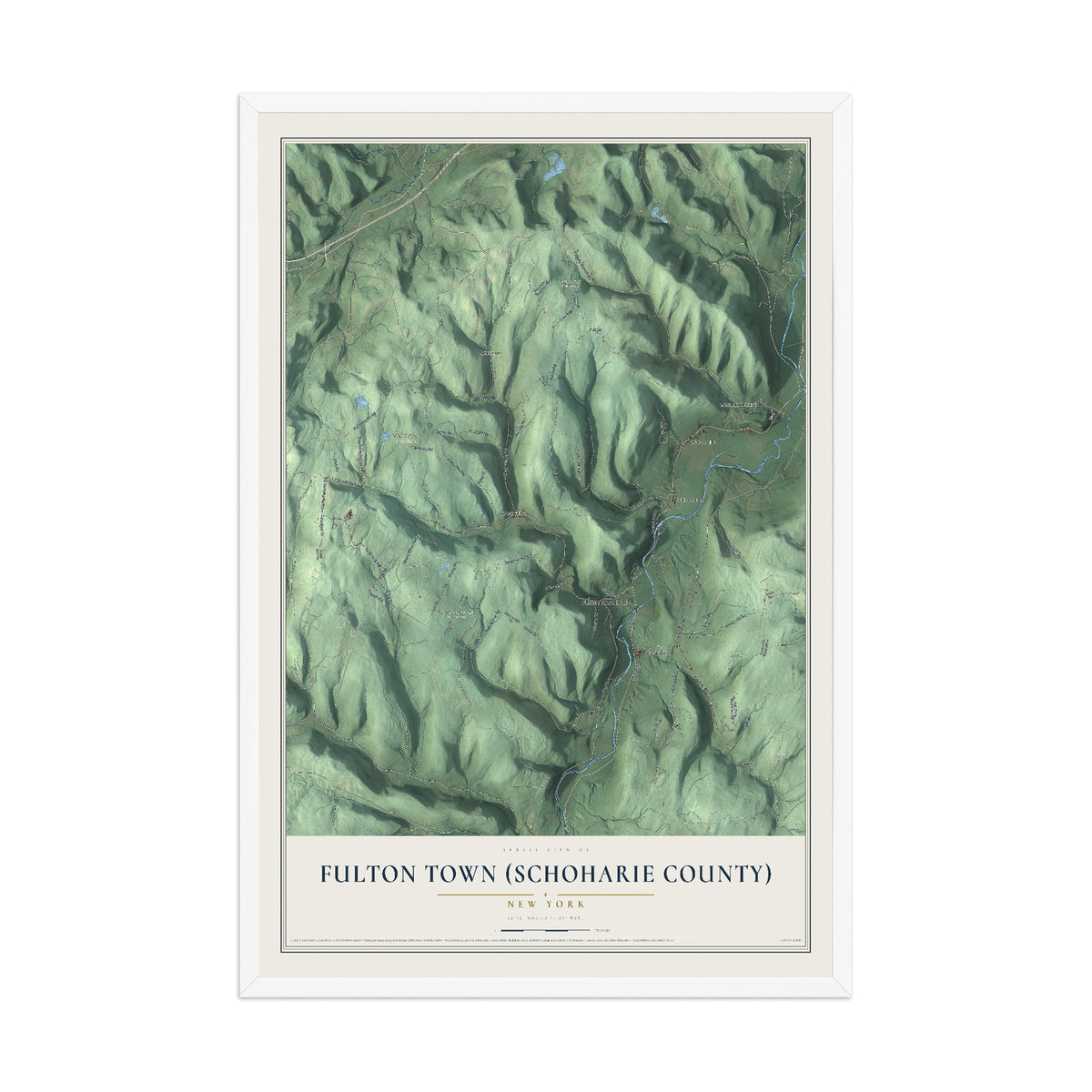 Fulton Town (Schoharie County), New York map print, 12" x 18" W/ White Ayous Wood Frame mockup