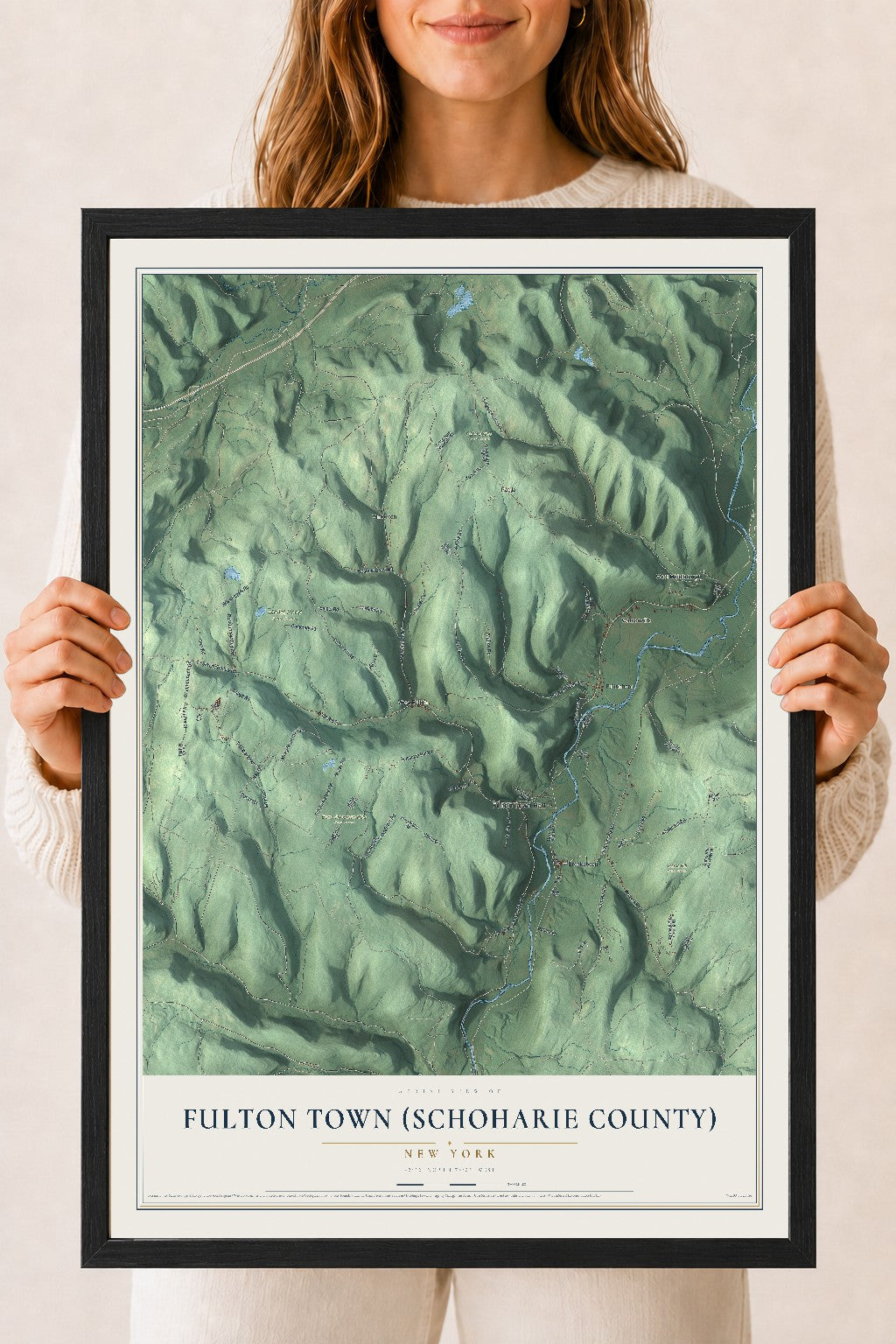 Fulton Town (Schoharie County), New York map print, 18" x 24" W/ Black Ayous Wood Frame mockup