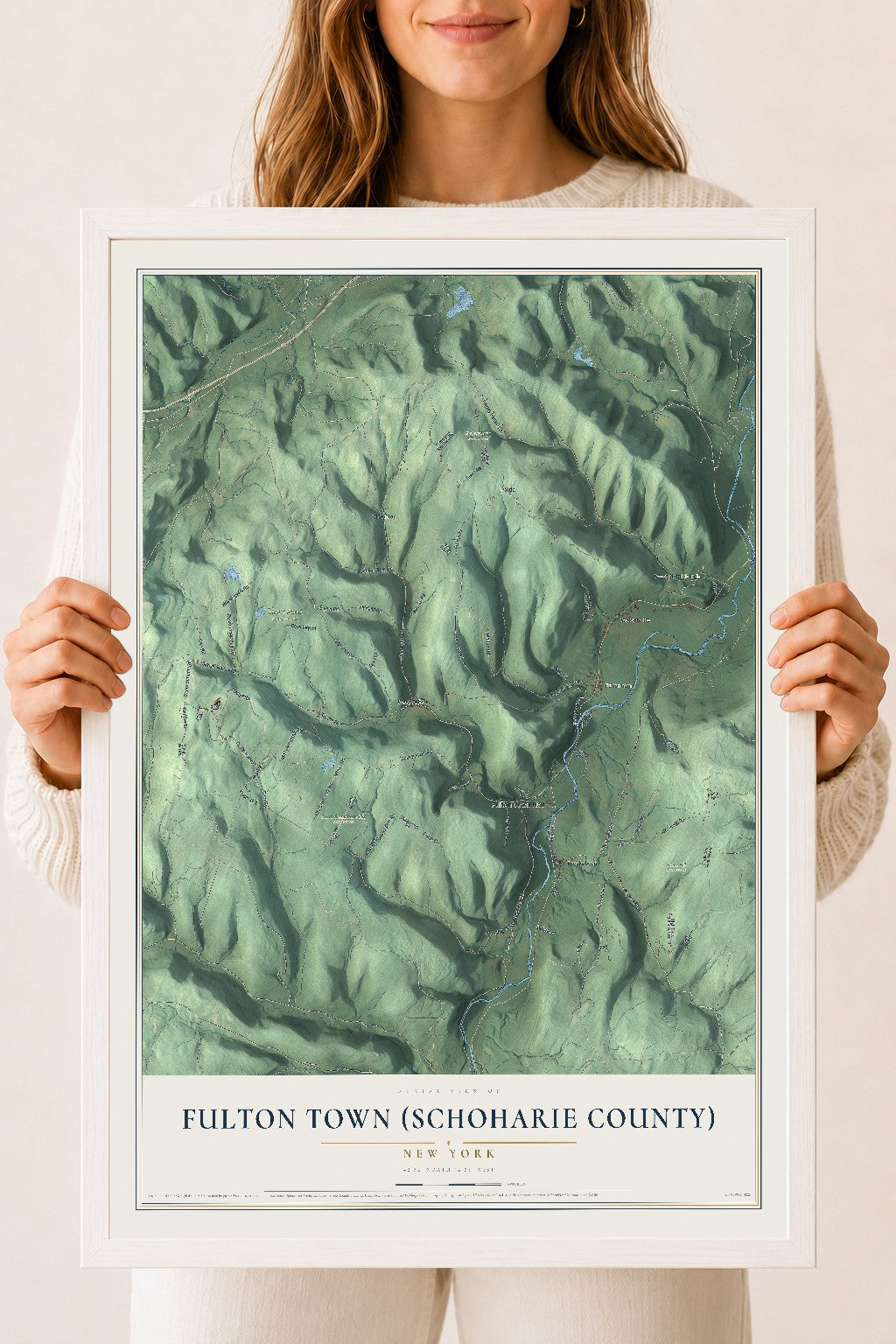 Fulton Town (Schoharie County), New York map print, 18" x 24" W/ White Ayous Wood Frame mockup