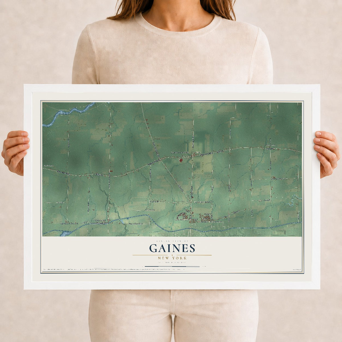 Gaines, New York map print, 12" x 18" W/ White Ayous Wood Frame mockup