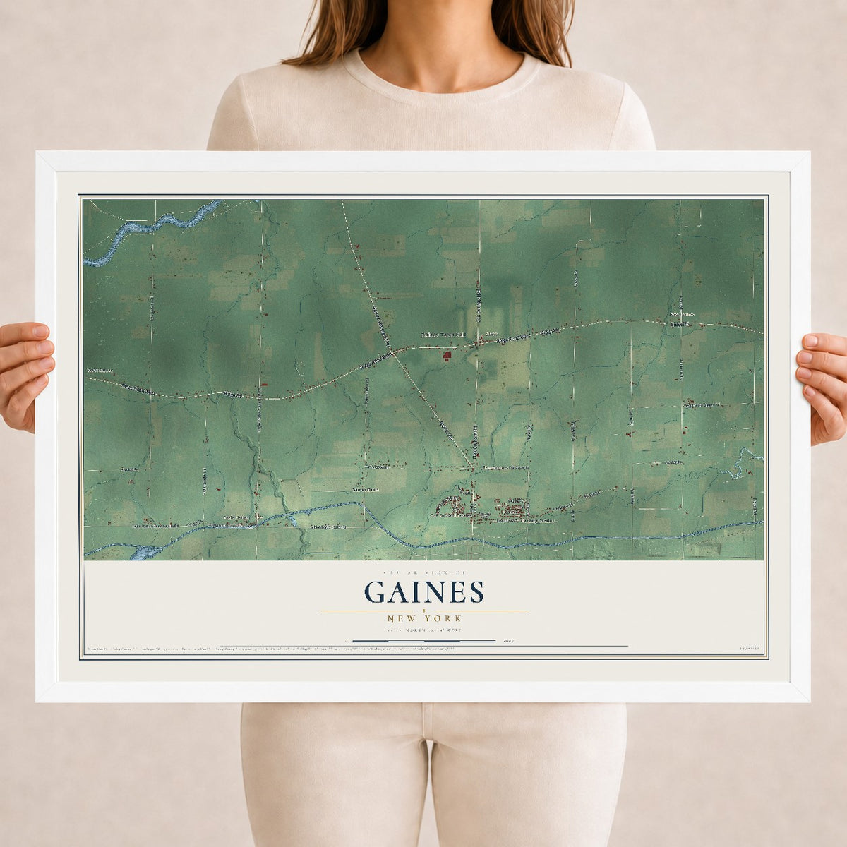 Gaines, New York map print, 18" x 24" W/ White Ayous Wood Frame mockup