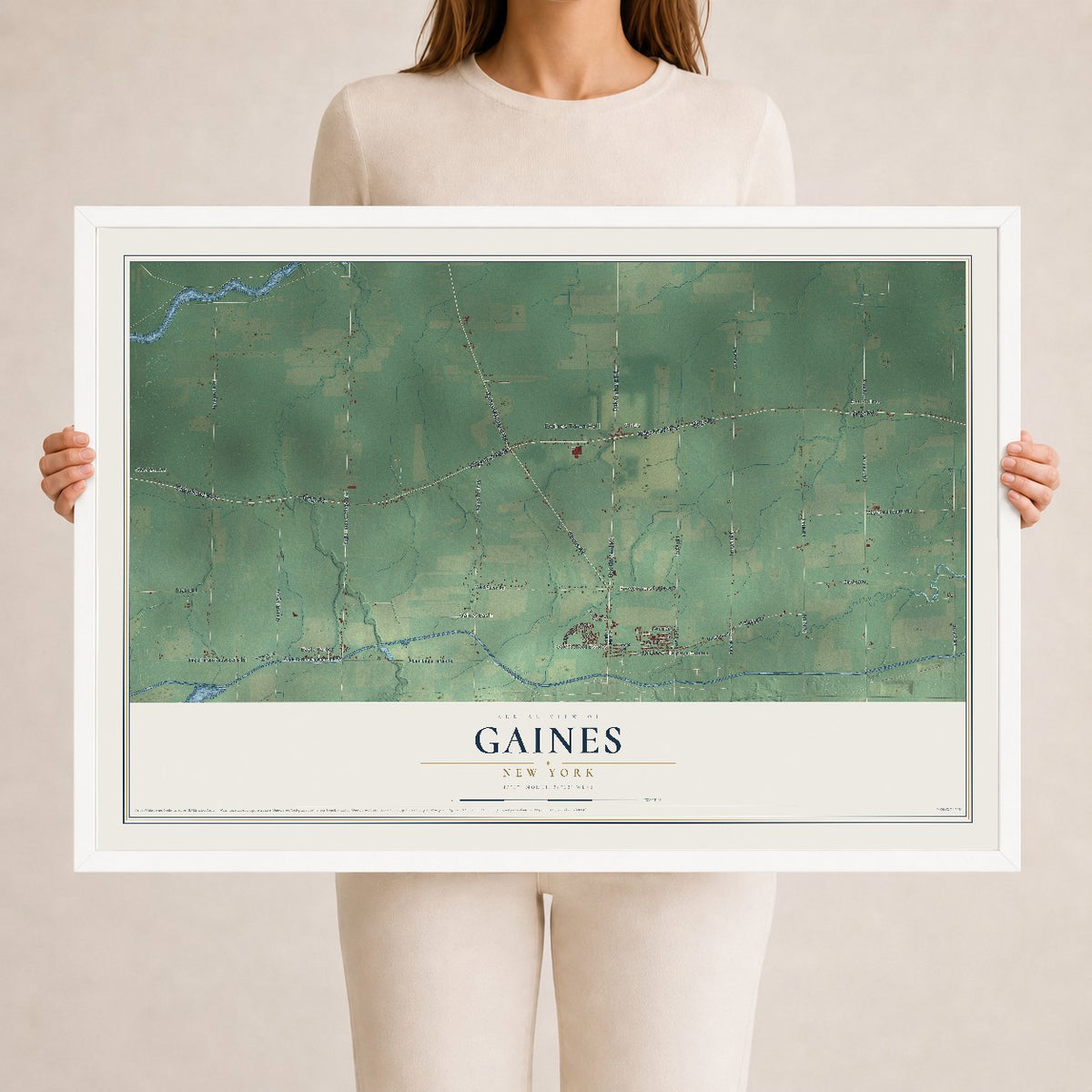 Gaines, New York map print, 24" x 36" W/ White Ayous Wood Frame mockup
