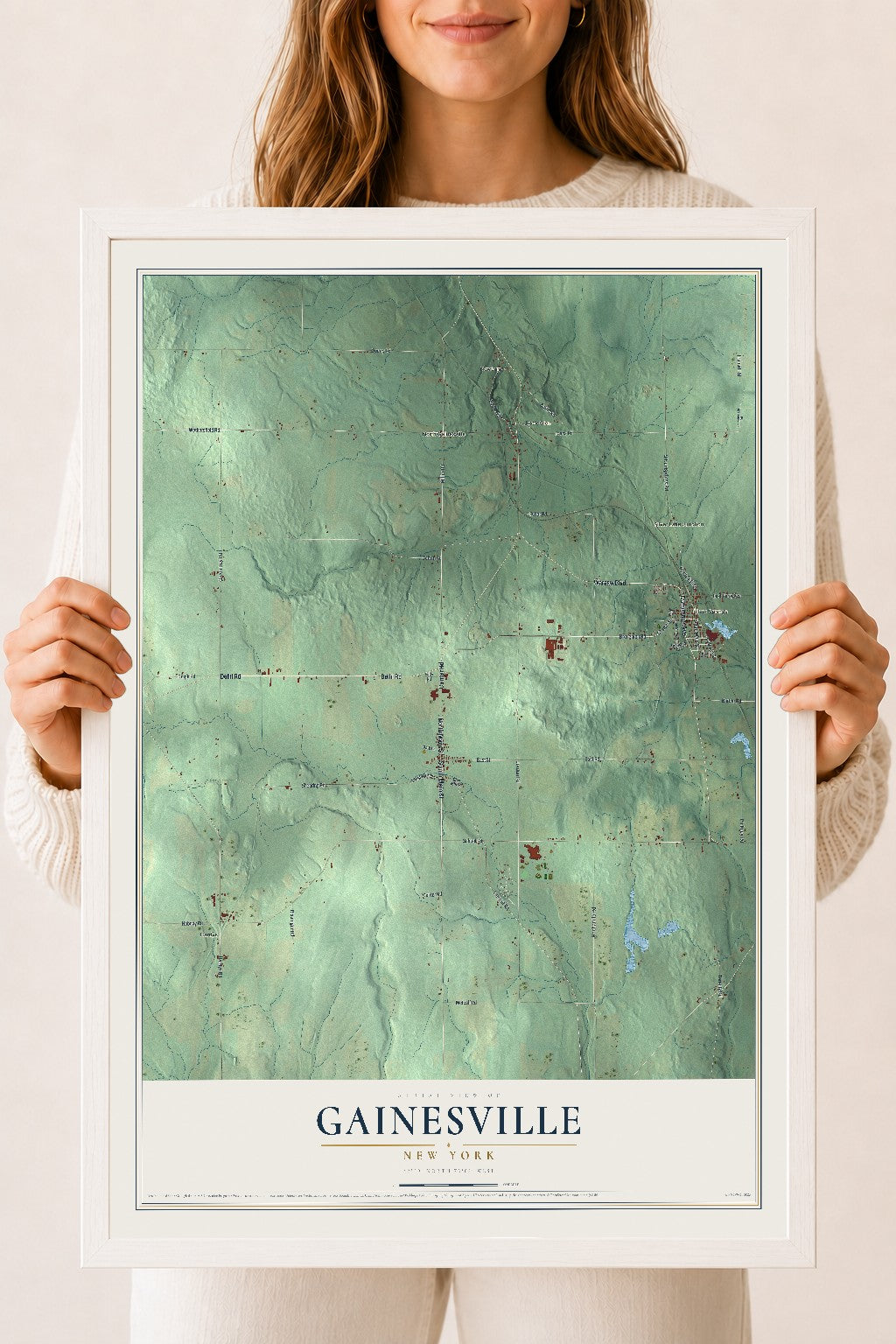 Gainesville, New York map print, 18" x 24" W/ White Ayous Wood Frame mockup